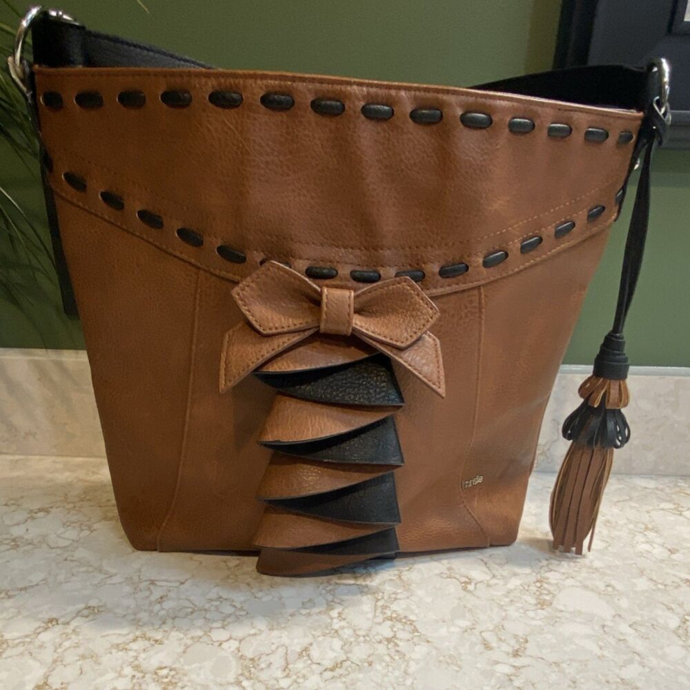 Kensie Black Brown Shoulder Bag Handbag Bow Tassel Animal Print Lining Large
